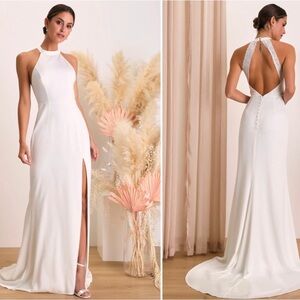 Lulus Radiant Adoration White Satin Lace Backless HalterMaxi Dress